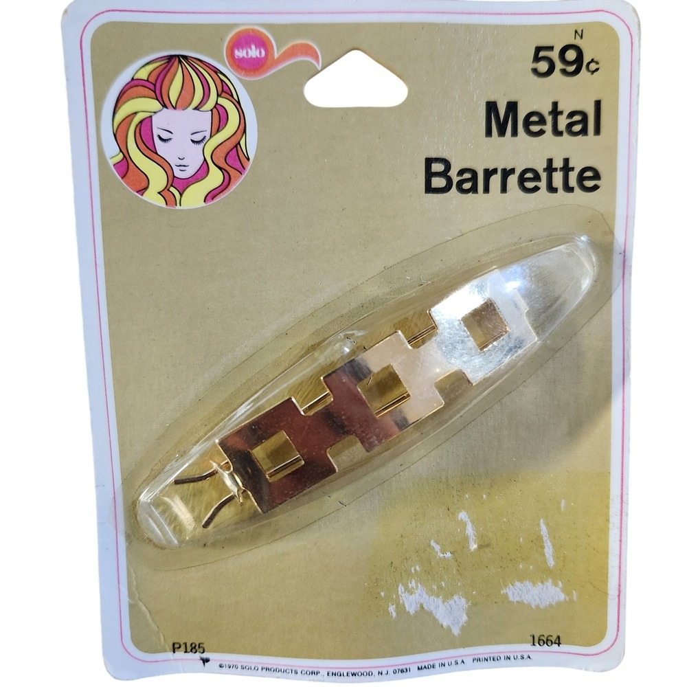 Vintage 1970s Gold Hair Barrette Geometric square‎ design
